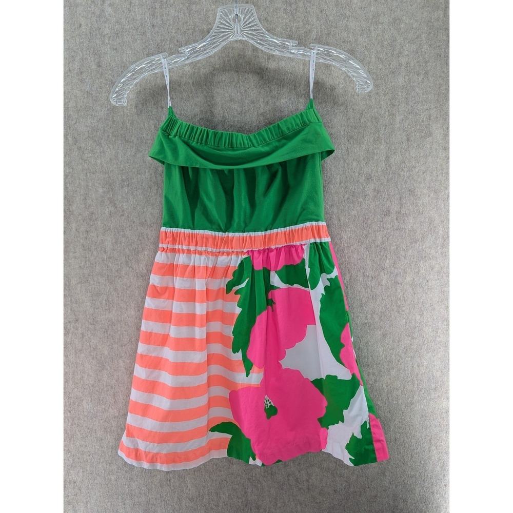 Lilly Pulitzer Green Strapless Dress Coral Stripe Floral Print XS